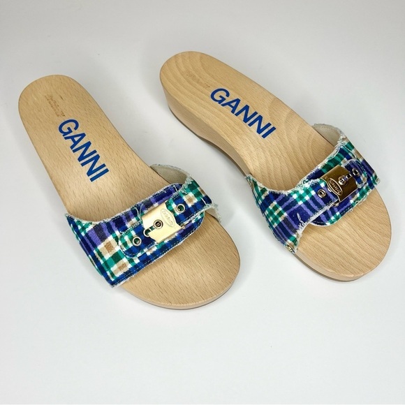 GANNI x Dr. Scholl's Blue Plaid Buckle Wooden Clog Slides Sandals Retro NEW - Picture 3 of 14